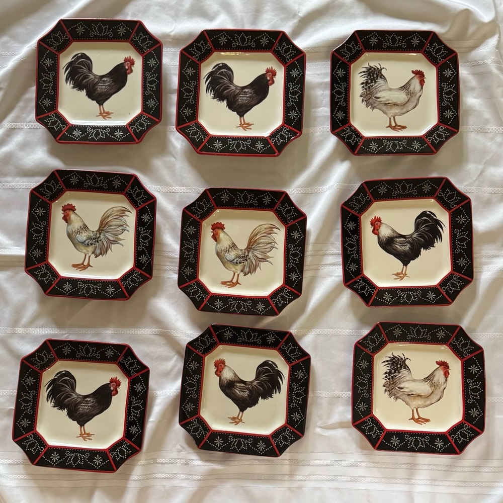 Set of Rooster Plates with Black and Red Trim